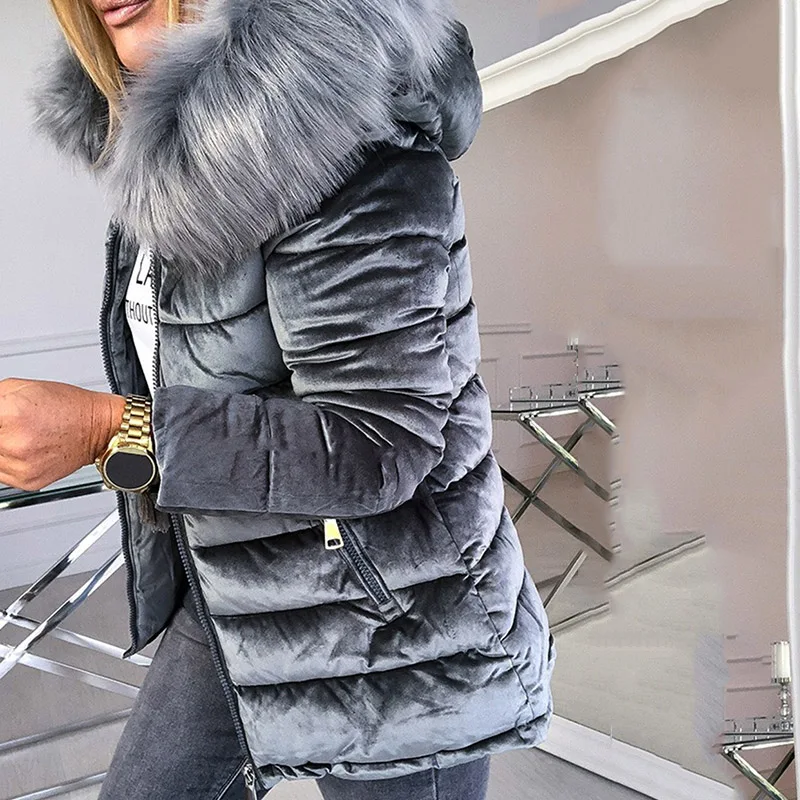 Winter Warm Velvet Cotton Jacket Women Padded Windbreaker Faux Fur Hood Outerwear Parka Coat Thicken Casual Overcoat Down Coats