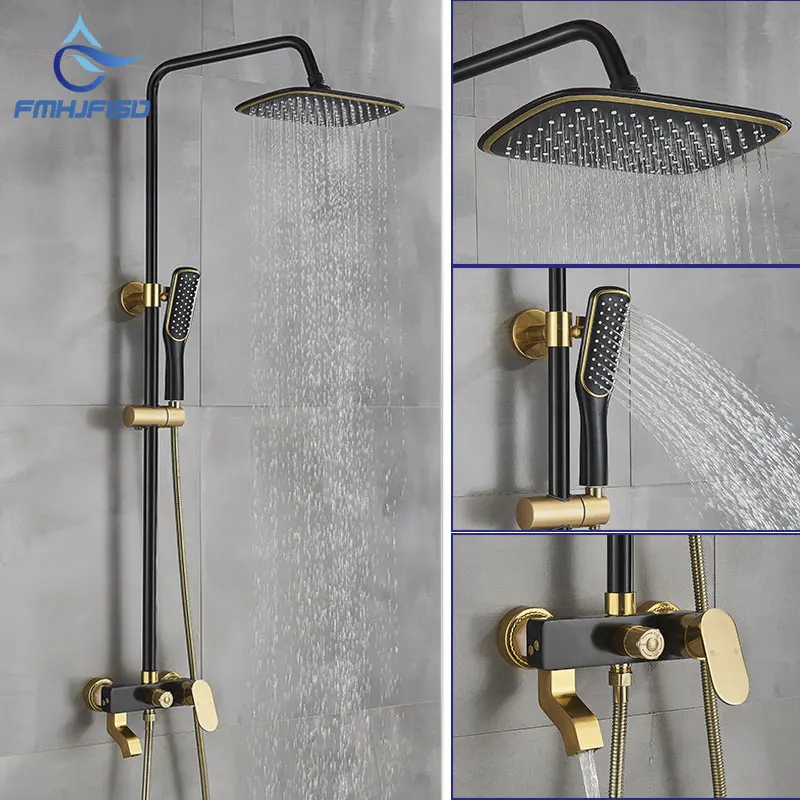 

Black Gold Bathroom Shower Set Rainfall Shower Systems Wall Mount Hot Cold Mixer Taps 3 Way Bath Shower