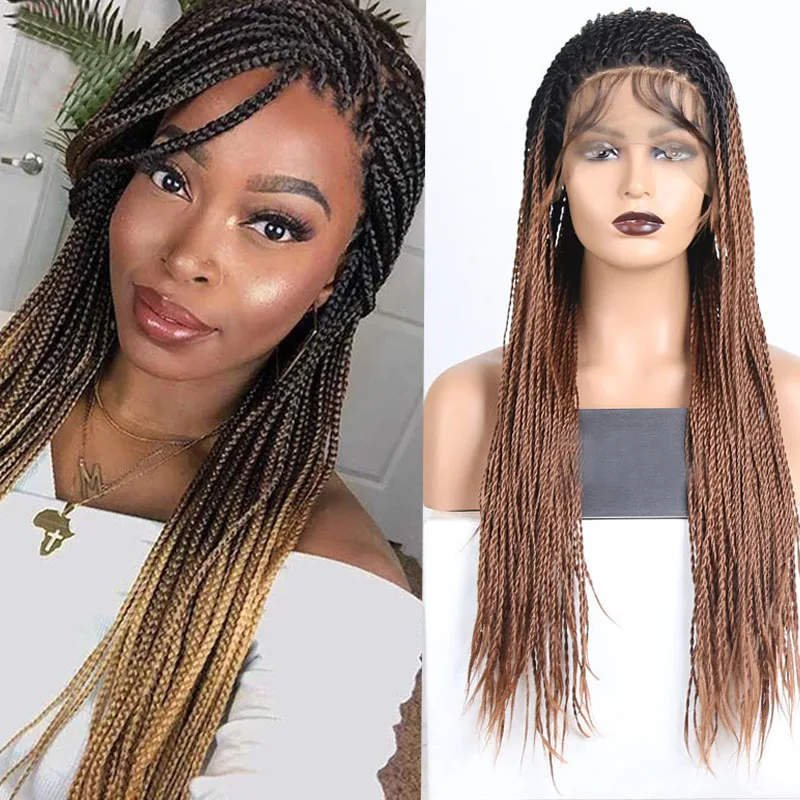 

1B 30 Long Synthetic Lace Front Wig Two Tone Braided Box Braids Wigs For Women Ombre Brown High Temperature Hair Cosplay Wig