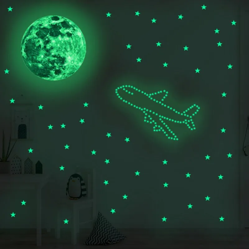 Светящиеся Зеленые наклейки на стену в виде луны и звезд настенные потолок для