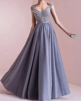 luxury silver a line engagement formal evening dress v neck beading sweep train tulle prom party gowns vestidos de festa