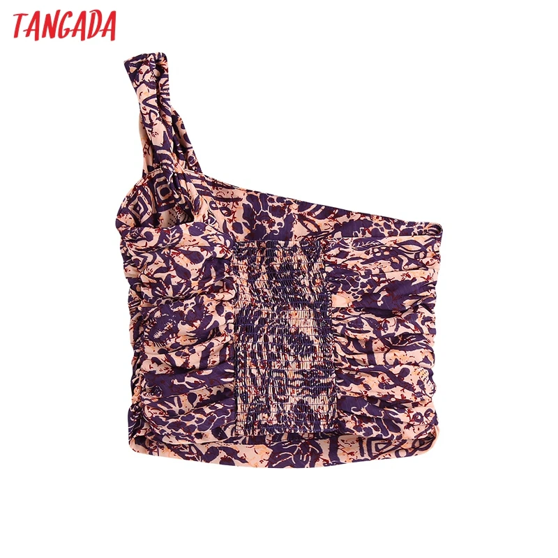

Tangada Women Flowers Print One Shoulder Off Camis Crop Top Spaghetti Strap Sleeveless Backless Short Blouses Shirts BE116