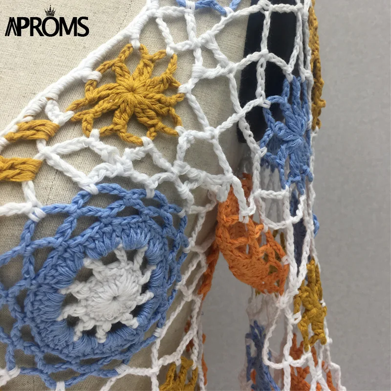 

Aproms Elegant Cotton Crochet Flare Sleeve Blouse Women Sexy Lace Up Hollow Shirt Cool Girls Crop Top Summer Beach Coverup 2021