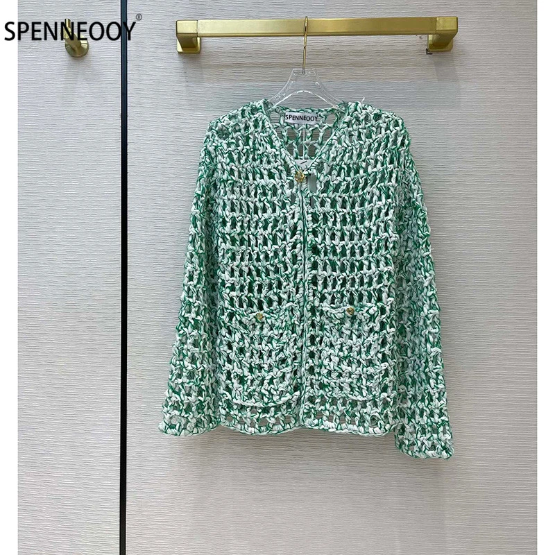 

Женский однобортный вязаный кардиган SPENNEOOY, зеленый ажурный вязаный кардиган с длинным рукавом, пальто на лето