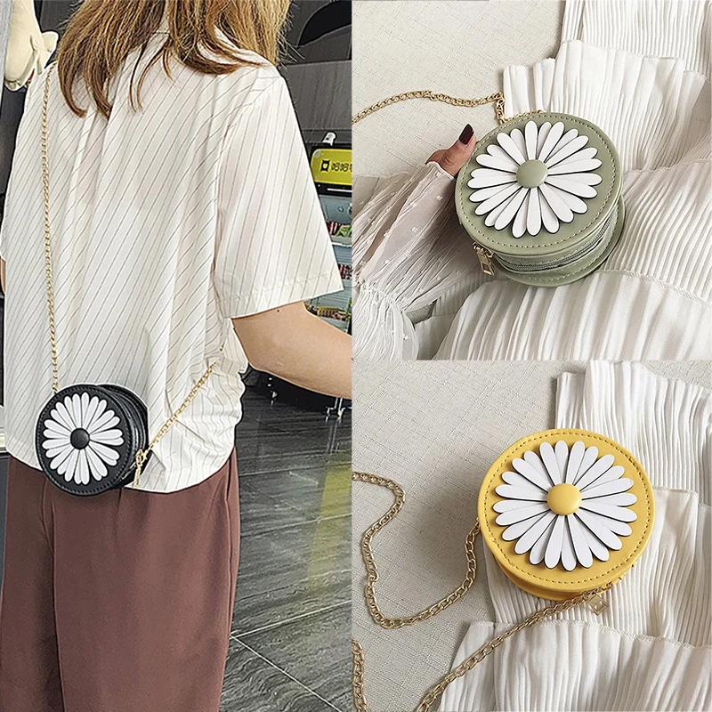Женская сумка кошелек модная новинка персональности корейского ретро маленькая маргаритка плечевая сладкая цветочная молния круглая цепочка сумка!