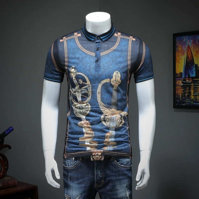 Футболка-поло с коротким рукавом золотисто-синяя Клубная вечерние принтом для