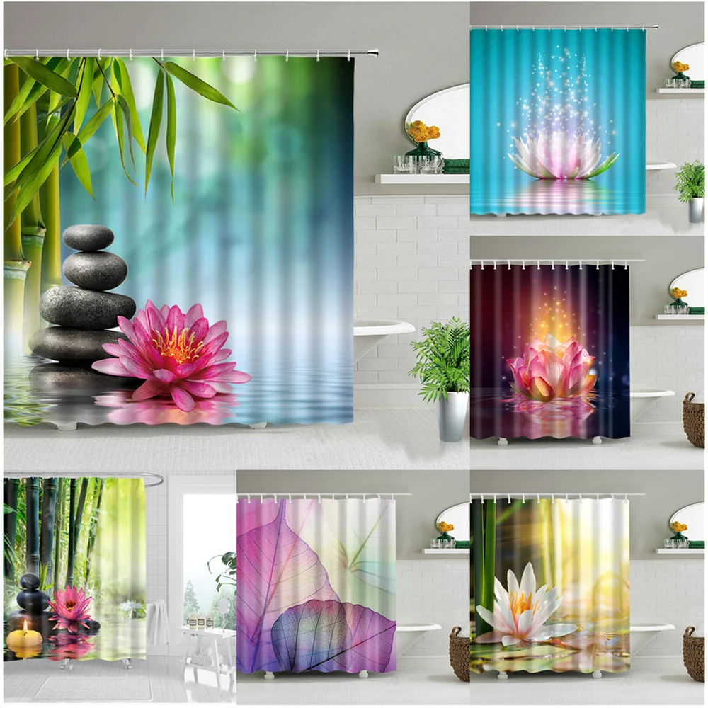 

Landscape Flowers Plants Shower Curtains Bamboo Zen Stone Lotus Flower Bath Curtain 3d Printing Waterproof Home Bathroom Decor