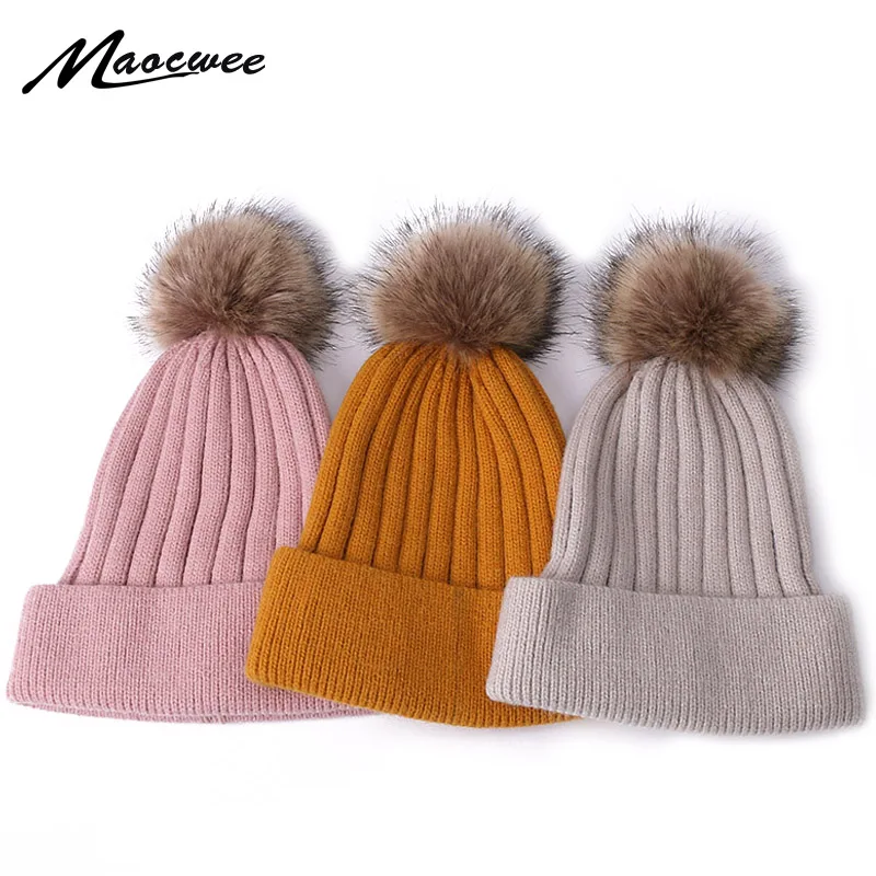 Женская Зимняя шерстяная шапка с помпоном из искусственного меха Модная вязаная