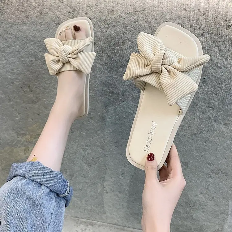 

Butterfly-Knot Flat Shoes Female Womens Slippers Outdoor Pantofle Luxury Slides 2021 Designer Beach Summer Fabric PU Butterfly-k