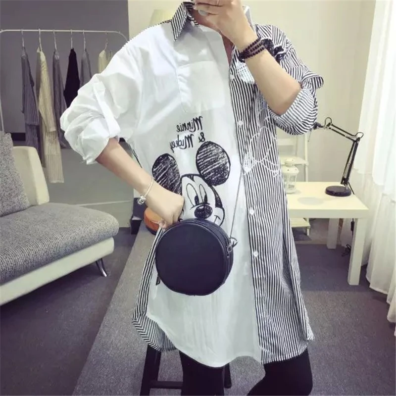 

Disney Kawaii Midi Blouse Women Long Rollable Sleeve Shirt White Striped Stirching Shirts Buttons Casual Loose Streetwear Female