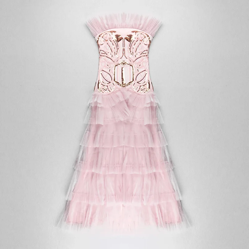 

Long Maxi Pink Sweet Style For Girl Sexy Tube Top Ruffled Sequins Long Party Floor-length Ladies Dress