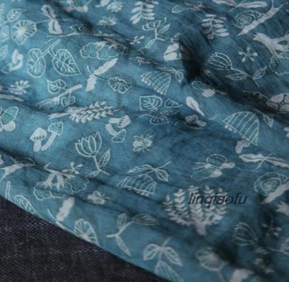 

High-end summer clear ramie gray-blue floral fabric Digital printed plant flower dress robe cloth