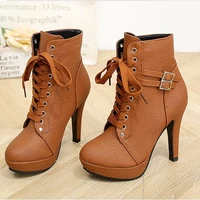 plus size 34 43 fashion pu leather women thick high heel short boots black beige brown