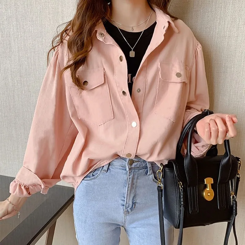 

Blouses Shirts Women Spring Pockets Long Sleeve Fashion Solid Korean Style Loose Students Chic Womens Vintage Street Elegant New