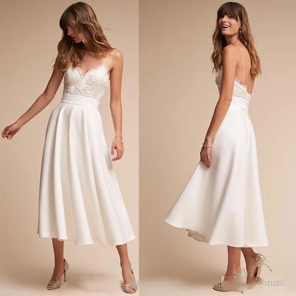 

Lace Appliques Short Wedding Dresses Bridal Gowns Vestidos De Novia Custom Made Spaghetti Beach A Line Chiffon Wedding Dress