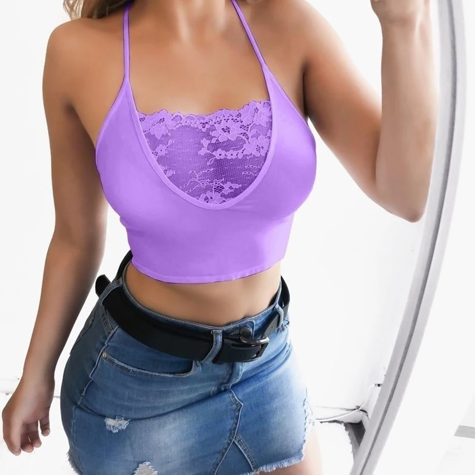 Фиолетовый Women Sexy Wrapped Halter Crop Top Women Camis Backless Bandage Lace Tank Top Transparent Bustier Plus Size - Цвет: Фиолетовый
