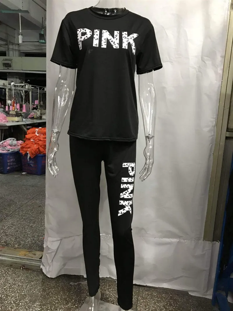 Популярный розовый женский спортивный костюм с буквенным принтом топ и длинные