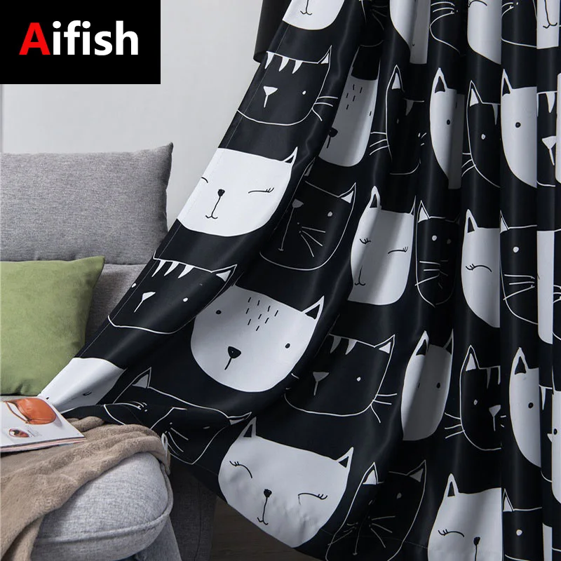 Занавеска с рисунком кота из мультфильма черно-белая для детской комнаты