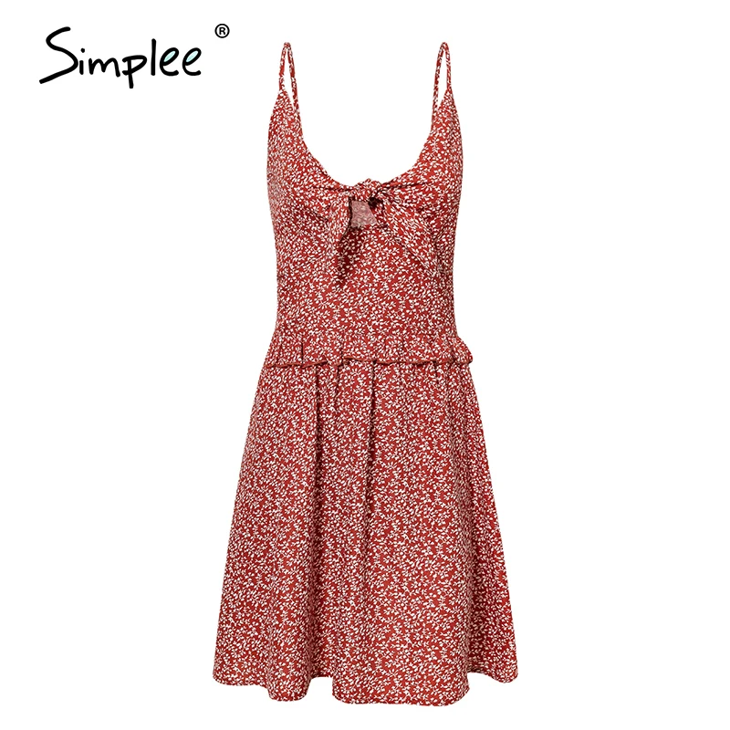 Летнее женское платье мини Simplee на бретелях-спагетти сарафан бохо шнуровке 2019
