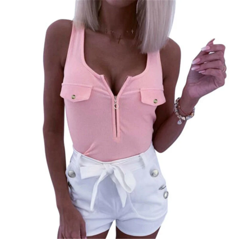 Women's Zip Tank Tops Sleeveless Slim Fit T-shirt Vest Ladies Summer Cami Blouse | Женская одежда