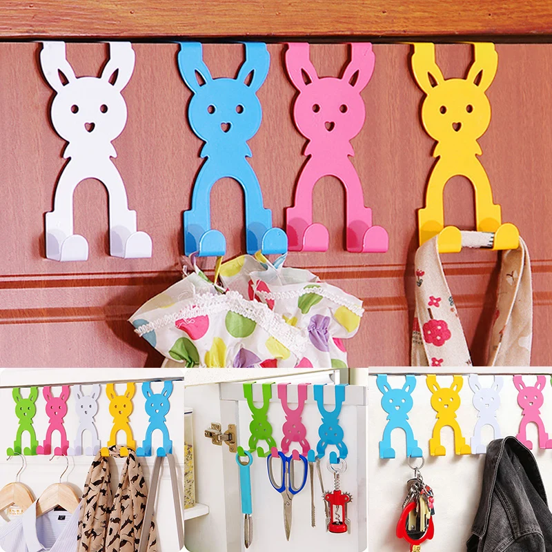 

1/2PCS Cartoon Rabbit Shape Over The Door Traceless Hook Bedroom Kitchen Door Hooks Clothes Bag Coat Dual Hanger Housekeeper