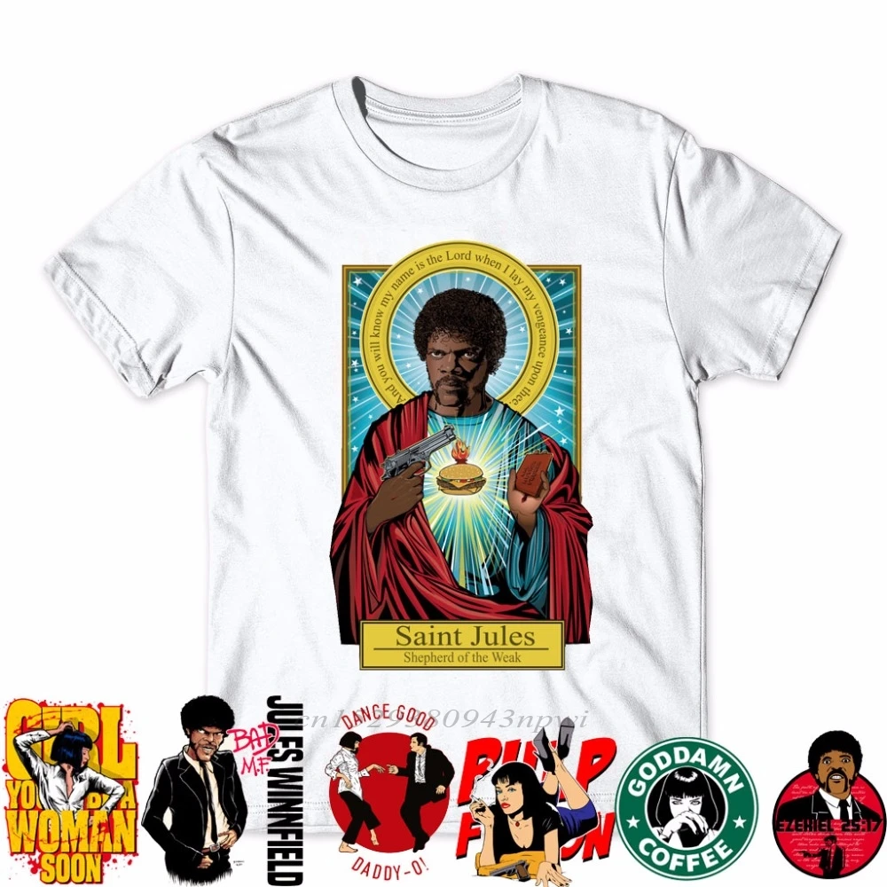 

2020 Fashion Brand Pulp Fiction T shirt Saint jules Print T shirt Summer Short Sleeve Shirts Tops Catholicism Tees T-Shirt tees