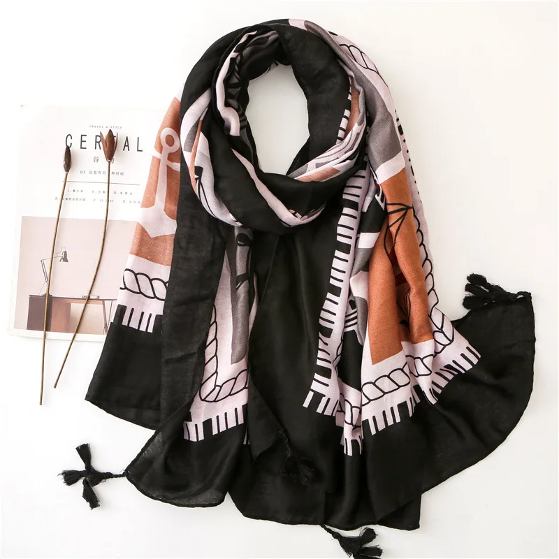 

Spring and Summer New Navy Style Anchor Pritned Cotton Hemp Scarf Women Seaside Holiday Tourism Beach Wraps Women Big Shawl