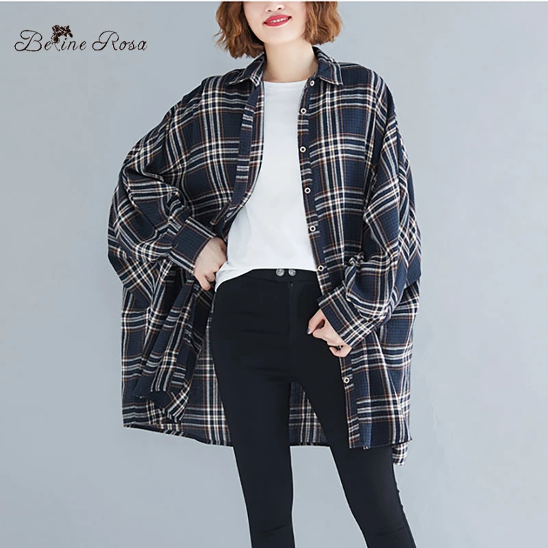 BelineRosa Англия Стиль Женские 4XL 5XL Большие размеры Блузки Полосатый плед Чистый хлопок топы и блузки ZRK00001