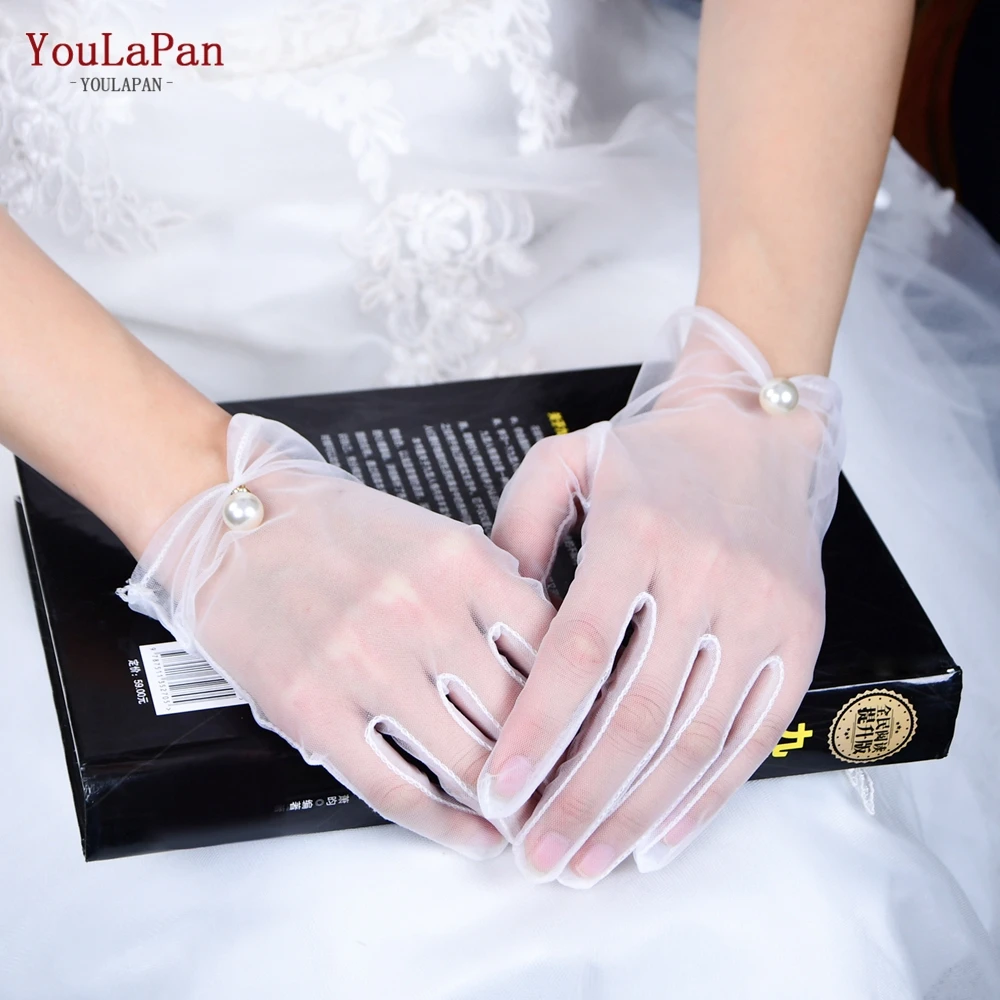 

YouLaPan M03 Women's Sexy Transparent Elegant Pearl Beaded White Mesh Glove Female Sunscreen Vintage Short Lace Driving Glove