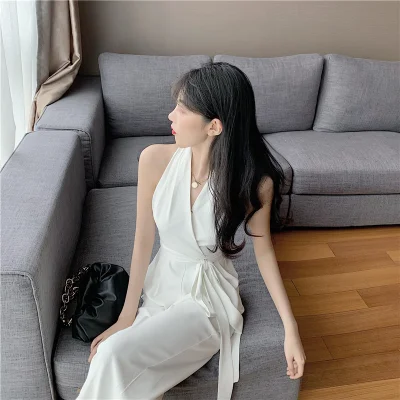 

French Sleeveless Sexy White Women Palazo Jumpsuit Vintage Elegant Off Shoulder Overalls Cusual Jumpsuit Wide Leg
