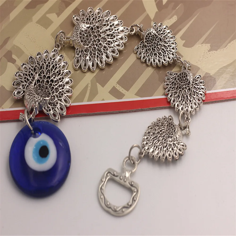 

5 Peacocks Open Turkish Blue Eyes Alloy 3*3 Glass Pendant Personality Ornament