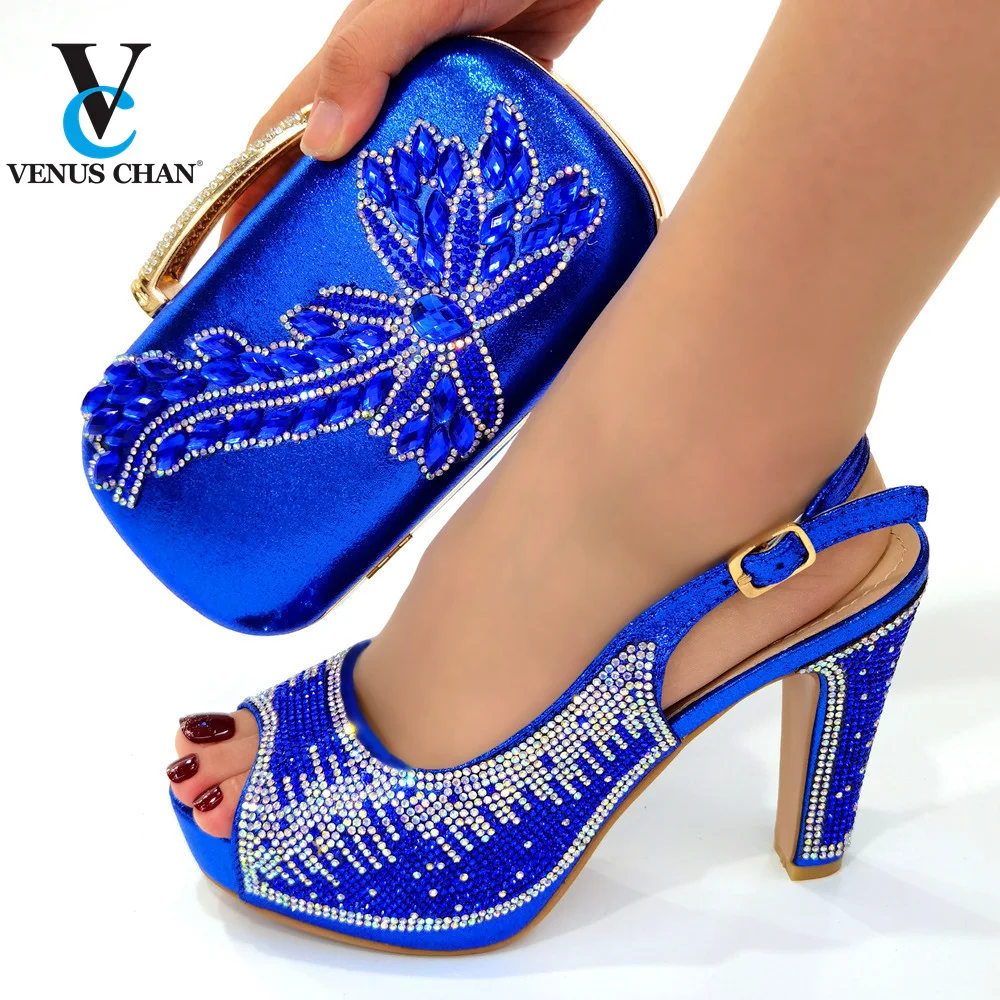 

Fashionable Italian Women Shoes Matching Bag in Blue Color Mature African 2021 Ladies Comfortable Heels Sandals for Party