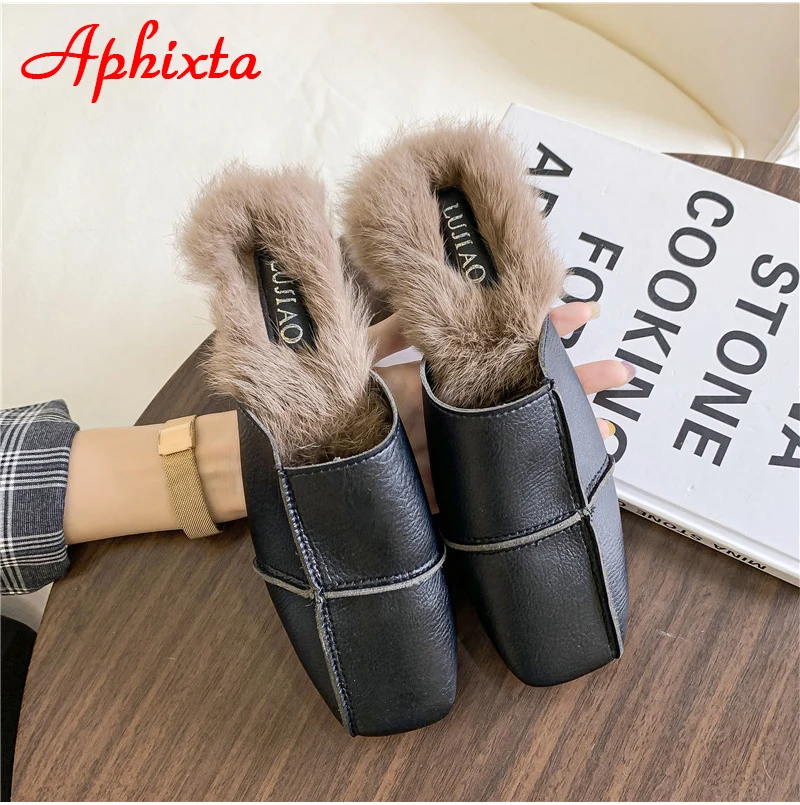 Aphixta/зимние теплые женские шлепанцы с натуральным кроличьим мехом; женские пушистые тапочки; женские шлепанцы на плоской подошве с квадратным носком