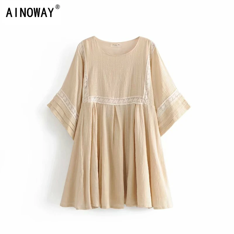 Платье женское в стиле бохо винтажное кружевное льняное хлопковое мини-платье