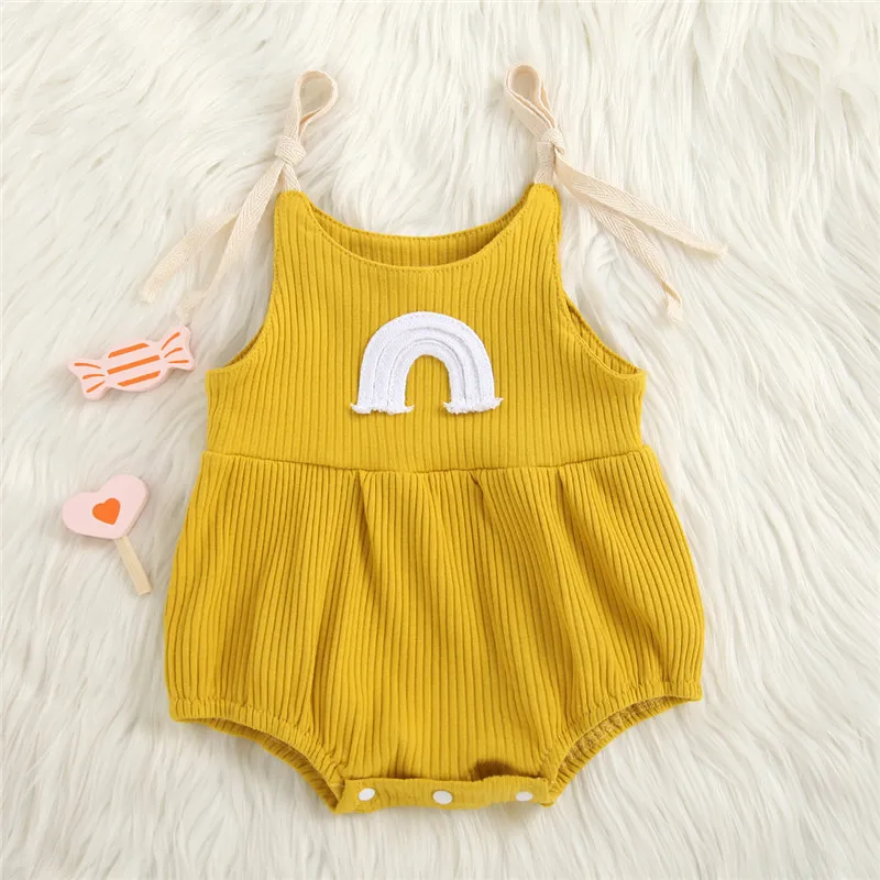 

8 Colors Baby Summer Rompers Newborn Infant Baby Boys Girls Knitted Rainbow Print Bandage Sleeveless Jumpsuits Solid Clothes