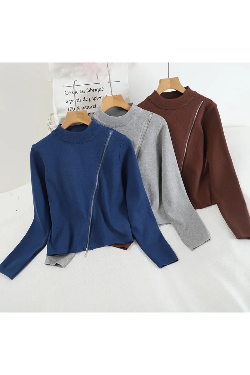 

2021 spring new Korean version of all-match solid color round neck top design sense side zipper pullover sweater women