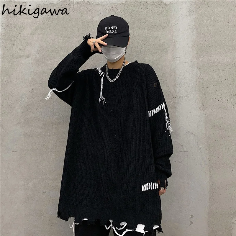 

Hikigawa Fall 2021 Women Clothing Knit Pullovers Harajuku BF Hole Tassel Oversized Sweater Coat Streetwear Vintage Sueter Tops