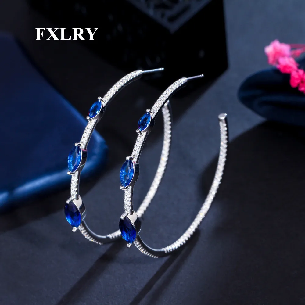 

FXLRY Высокое качество C Форма Белый Цвет кубический циркон синий кристалл большие круглые тонкие серьги-кольца для женщин ювелирные изделия ...