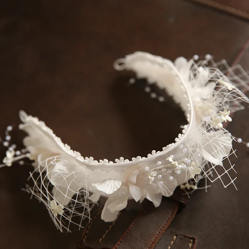 

New Satin Flower Beads Hairband Retro Solid Color Pearl Mesh Bridal Headwear Wedding Hair Jewelry Accessories