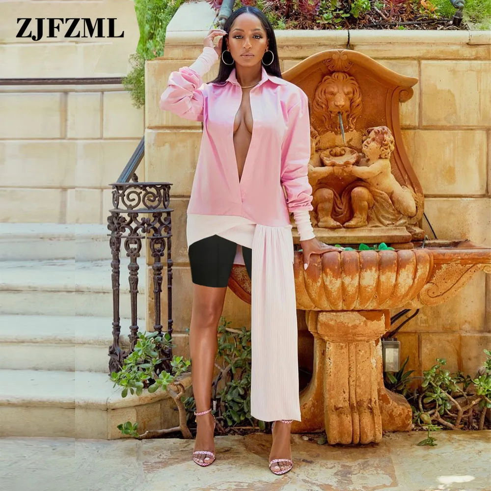 

Office Lady Color Block Ribbon Irregular Shirt Women Harajuku Lapel Neck Full Sleeve Blouse Streetwear Chic Female Loose Blusas