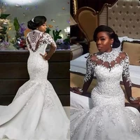 new luxury mermaid wedding dresses sheer long sleeve high neck crystal beads african arabic wed bridal gowns plus size