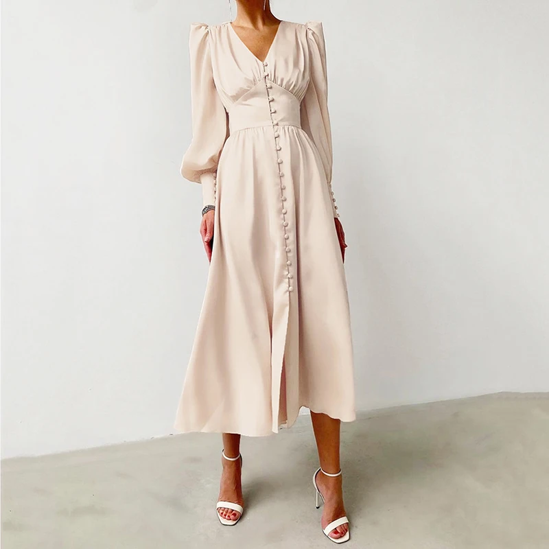 

Luck A Lady Single Breasted Sexy Dress Party Clud High Waist Satin Long Dress Elegant V Neck Women Lantern Sleeve Midi Dresses