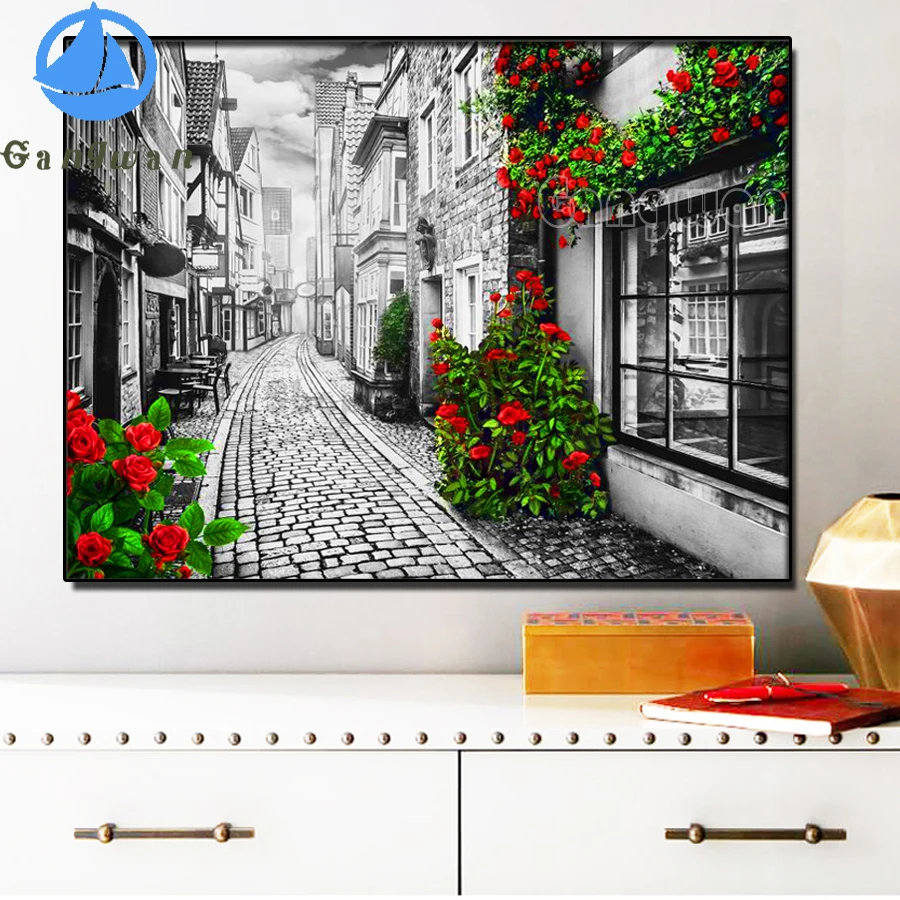 

The streets are decorated with full square round cross stitch diamond paintings embroidered mosaic black white red flower view