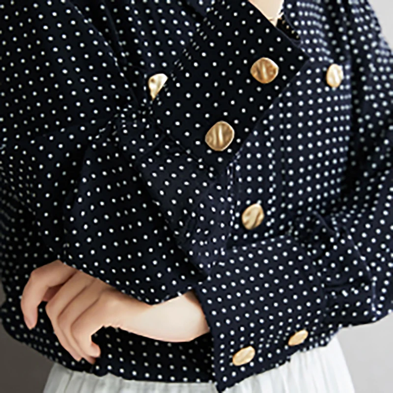

Notched Collar V Neck Polka Dot Black Shirts Ladies Full Sleeve Spring Autumn Stylish Office Workwear Women Blouse Plus