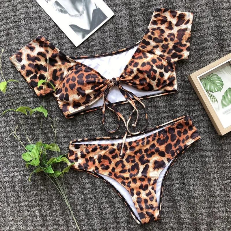 

Bikini Knotted Padded Thong Bikini Set Women Swimwear Swimsuit Scoop Neck Leopard High Cut Bathing Suit Brazilian Biquni Newest