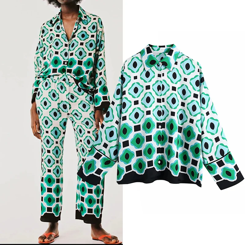 

WESAY JESI 2021 Spring Women's Shirt Fashion Geometric Pattern Printed Shirt Top Long Sleeve Single Breasted Casual Chic Top