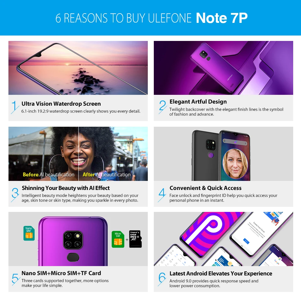 Ulefone Note 7P Android 9.0 6.1&quot Waterdrop Screen 3GB 32GB smartphone 4G band Mobilephone fingerprints Face ID Quad Core 3500mAh |