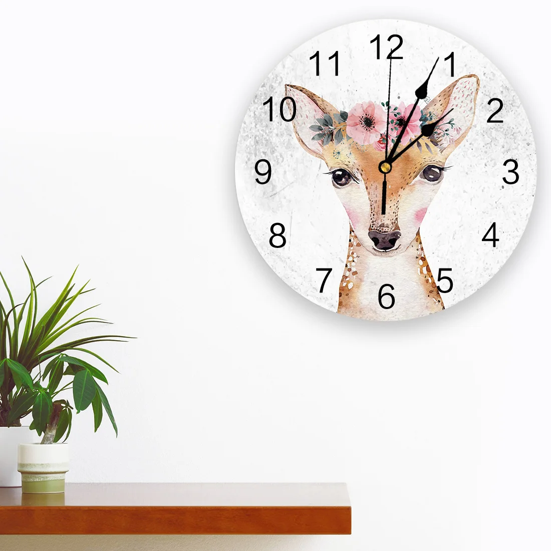Милые настенные часы с изображением оленя акварелью и цветами из ПВХ для