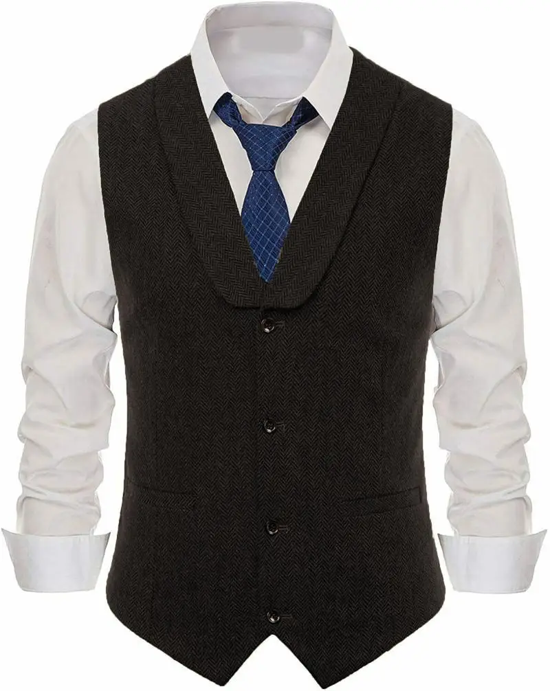 Men's Wool Slim Fit Leisure Cotton Suit Vest Gentleman Herringbone Pattern Waistcoat Beckham Business Brown Wedding Groom Vests | Мужская