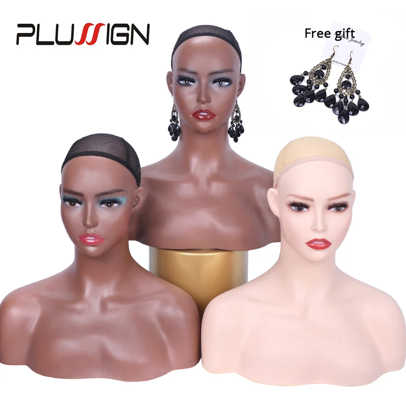 Plussign Mannequin Head With Shoulders Wig Glass Hat Display Head Female African American Realistic Manikin Heads Can Put T Pins